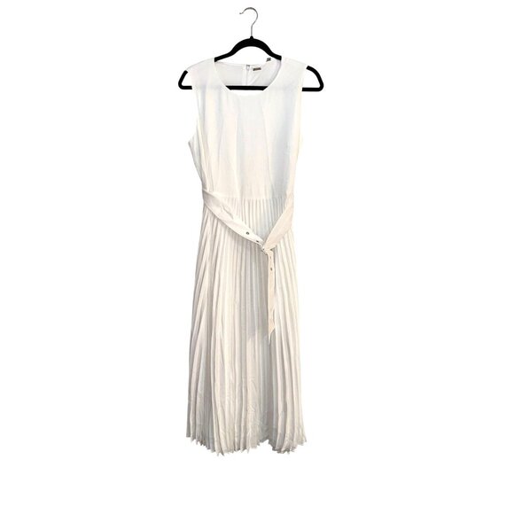 Tahari White Sleeveless Pleated Midi Dress Size 12 With Waist Tie Polyester Line - Picture 1 of 12